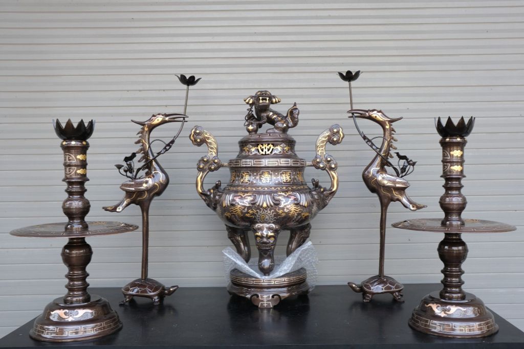 Bộ Ngũ Sự Bằng Đồng Đỏ Khảm Tam Khí Hoa Sòi Cao 60 Cm